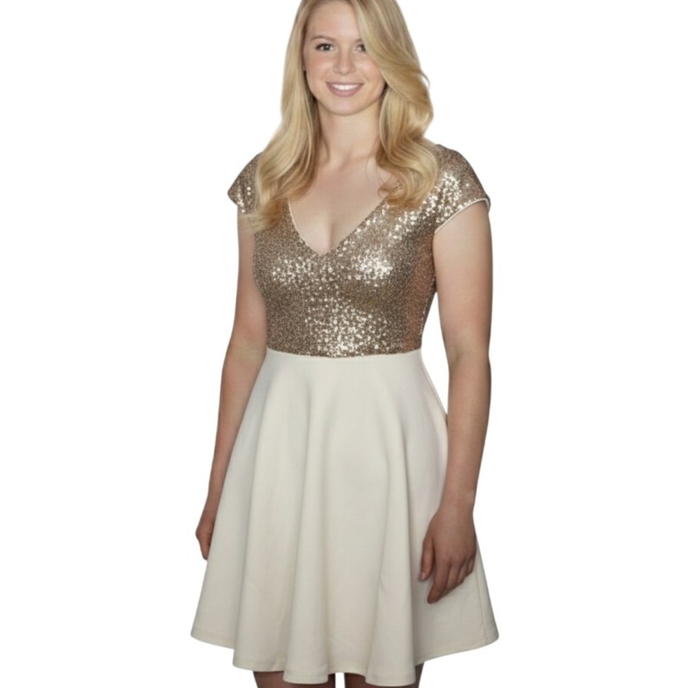 ASOS Dress Womens US 0 White Gold Fairy Sequin Skater Cap Sleeve Whimsical Party